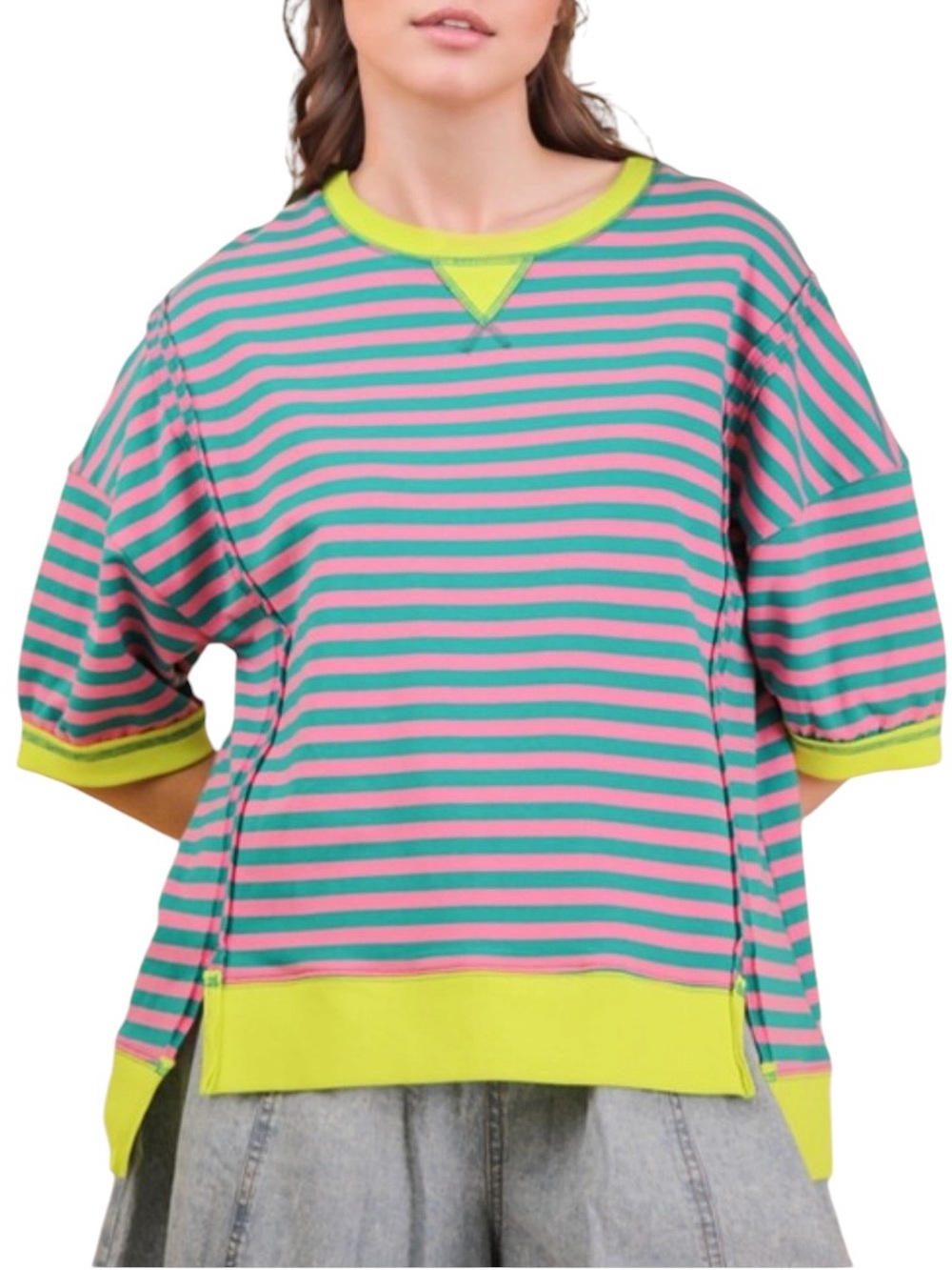 Striped Boxy Sweatshirt in Pink & Teal with Lime Trim